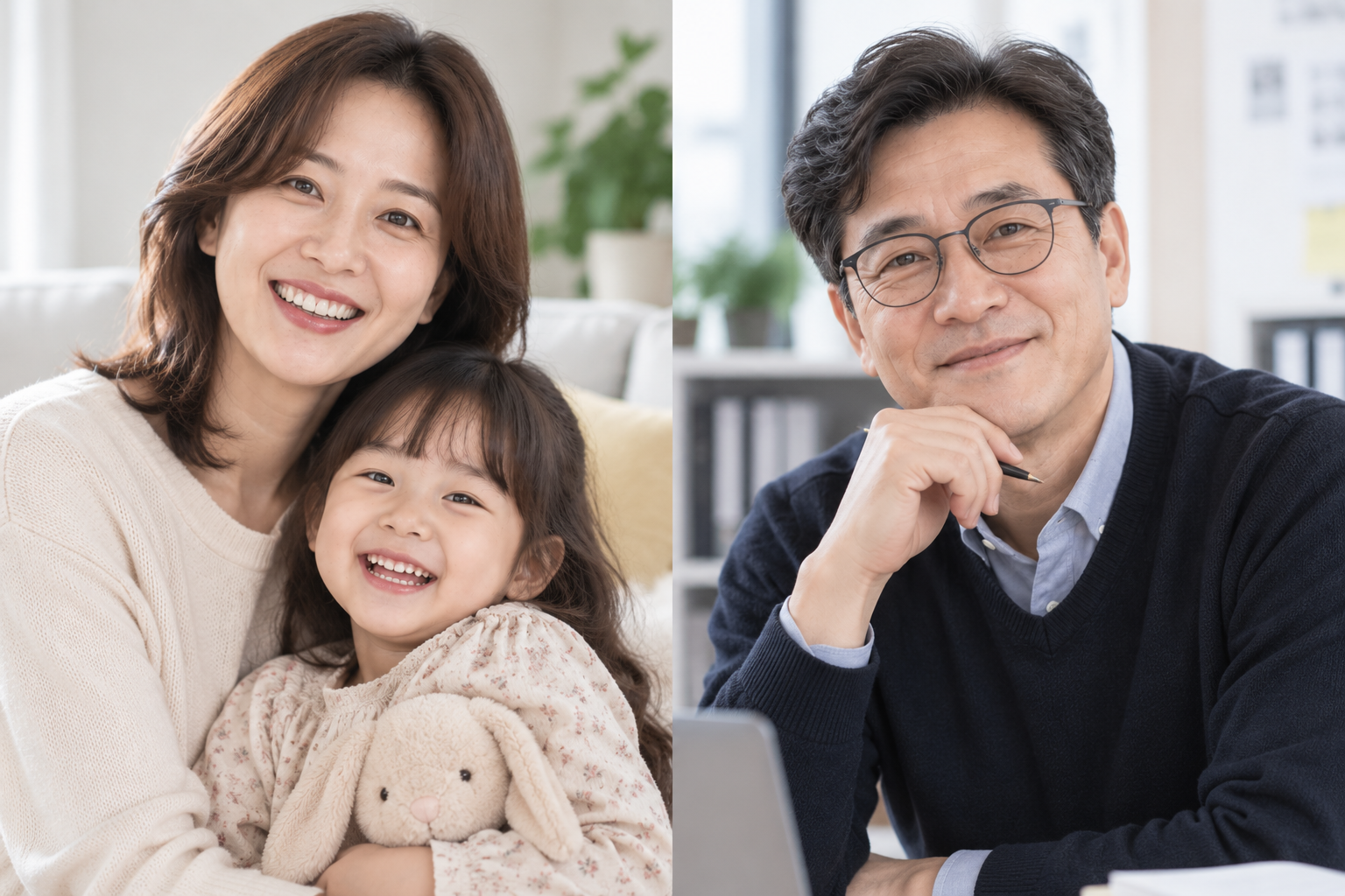 아이와 함께 웃고 있는 학습자